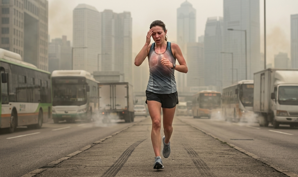 runner surrounded by particulate matter in the city
